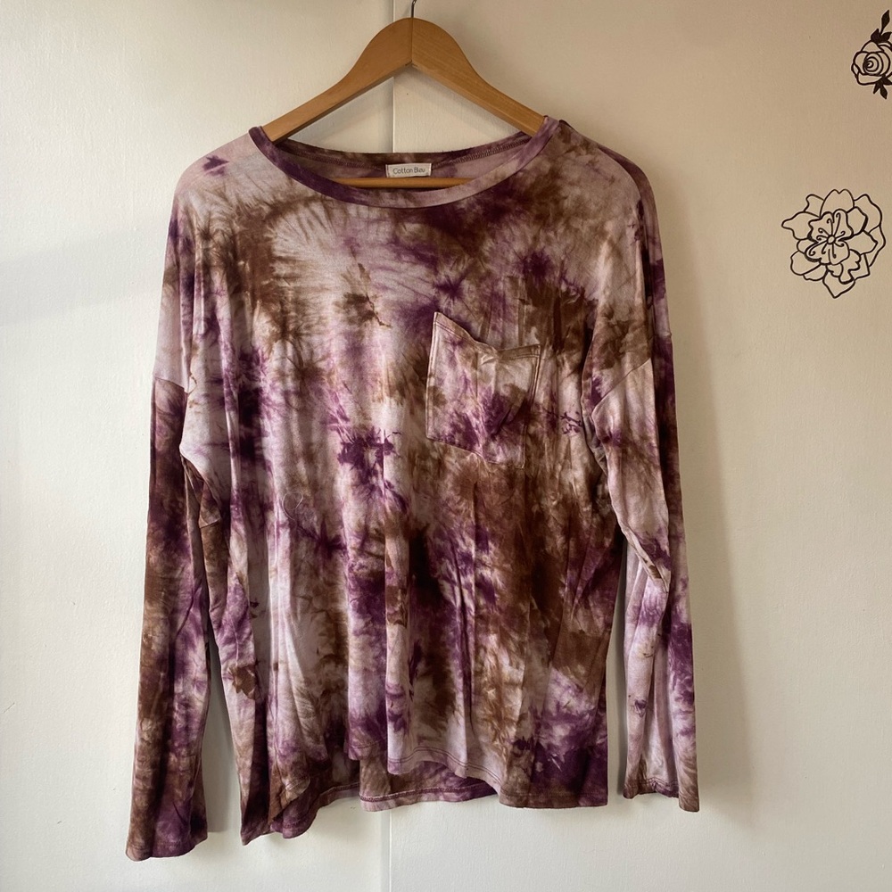 Tie-Dye Long Sleeve Top  Cotton Bleu Small Womens Over Sized